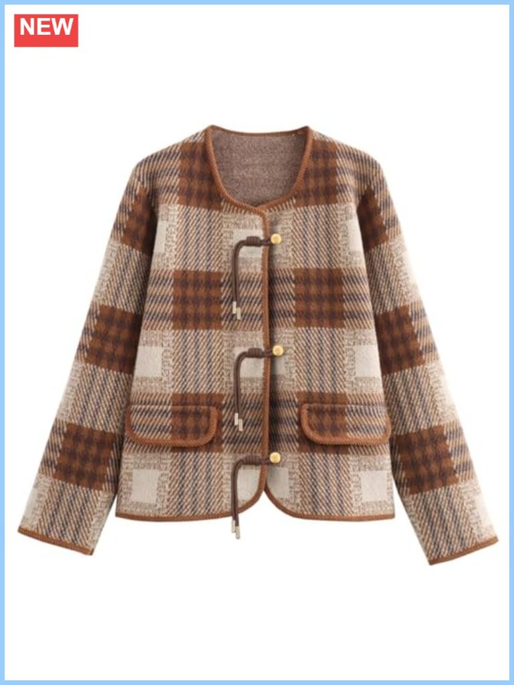 Vintage Plaid Cardigan Sweater Button Down Knit Jacket with Pockets